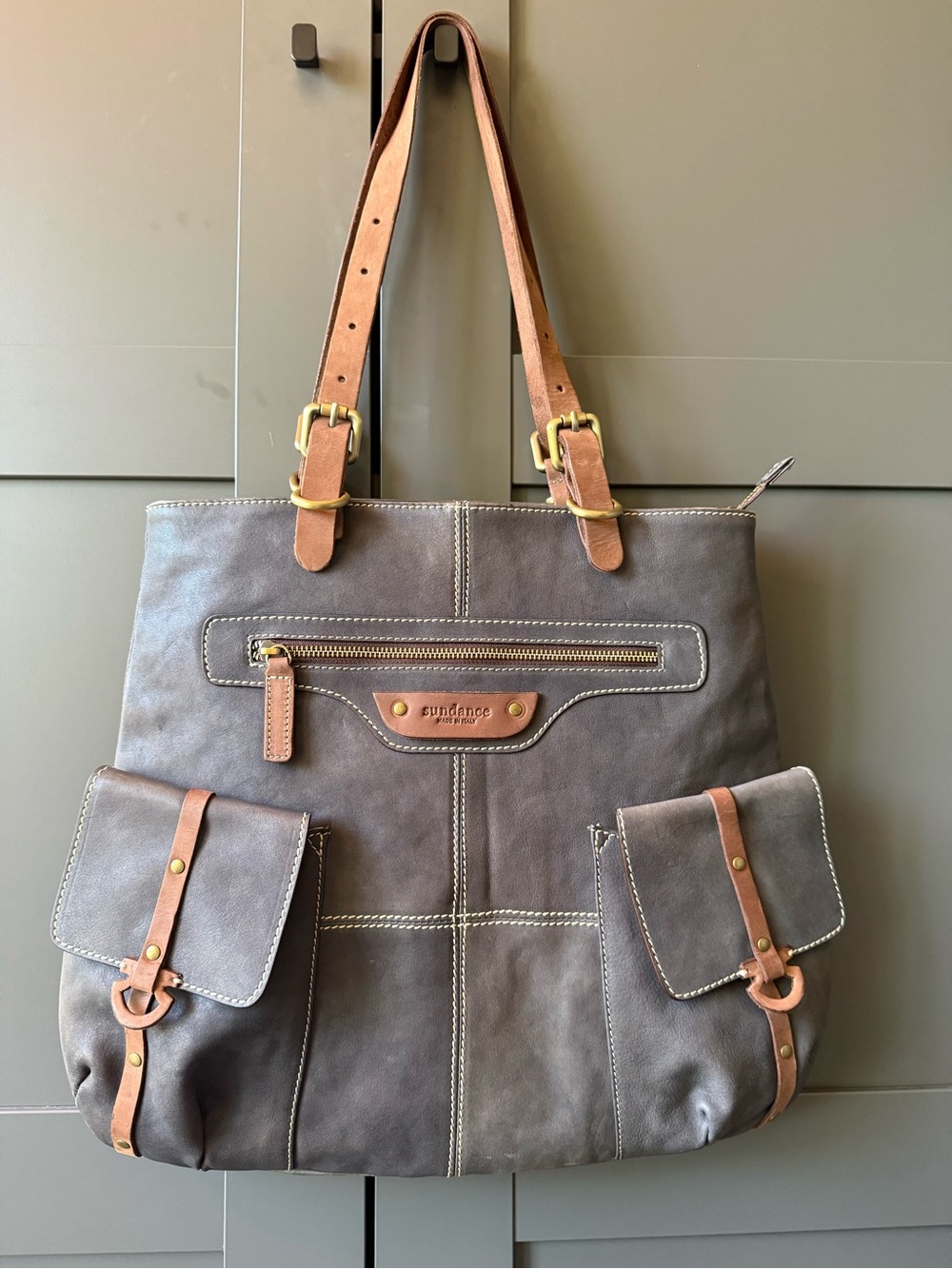 Sundance Gray Tote with Brown Strap Accents, Italy